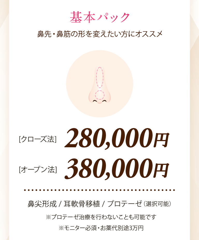 【基本パック】鼻先・鼻筋の形を変えたい方にオススメ｜[クローズ法]280,000円〜/[オープン法]380,000円〜｜鼻尖形成 / 耳軟骨移植 / プロテーゼ（選択可能）｜※プロテーゼ治療を行わないことも可能です※モニター必須・お薬代別途3万円