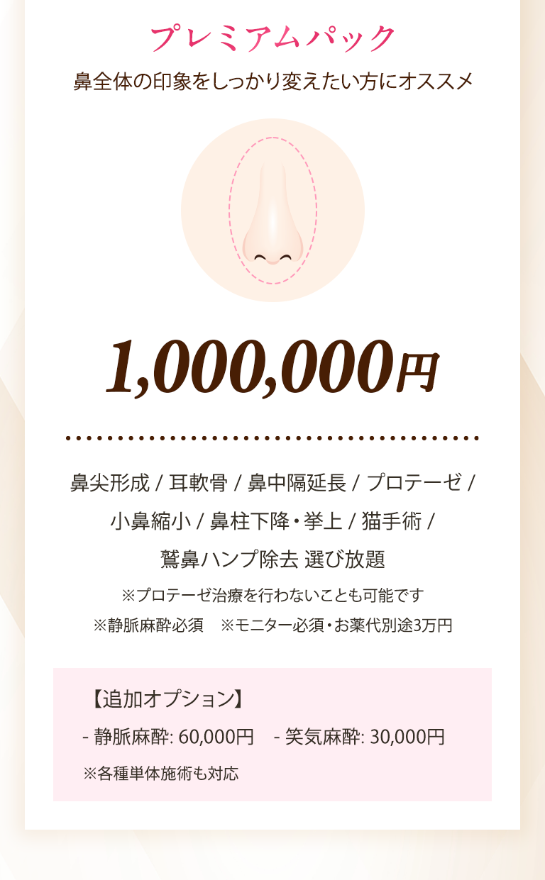 【プレミアムパック】鼻全体の印象をしっかり変えたい方にオススメ｜1,000,000円〜｜鼻尖形成 / 耳軟骨 / 鼻中隔延長 / プロテーゼ / 小鼻縮小 / 鼻柱下降・挙上 / 猫手術 / 鷲鼻ハンプ除去 選び放題｜※プロテーゼ治療を行わないことも可能です※静脈麻酔必須　※モニター必須・お薬代別途3万円｜【追加オプション】- 静脈麻酔: 60,000円 - 笑気麻酔: 30,000円｜※各種単体施術も対応
