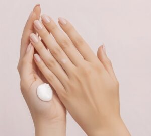 手に保湿剤を塗布し、しわを防ぎハリを出す