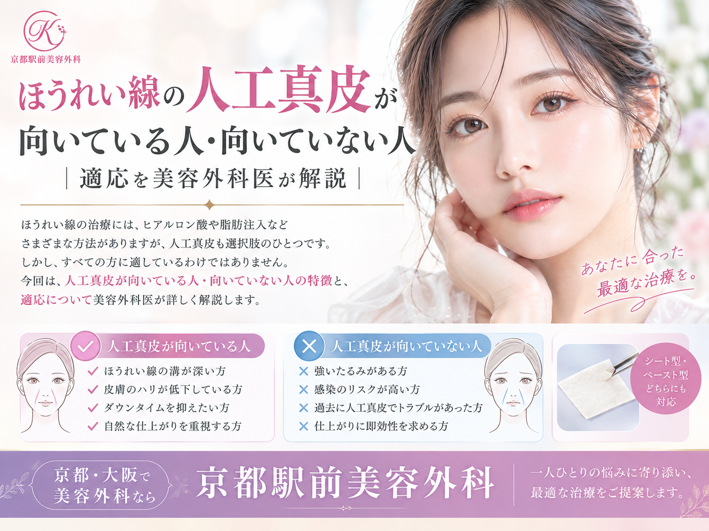 ほうれい線の人工真皮が向いている人・向いていない人｜適応を美容外科医が解説｜京都駅前美容外科。京都駅前美容外科の医療コラム。