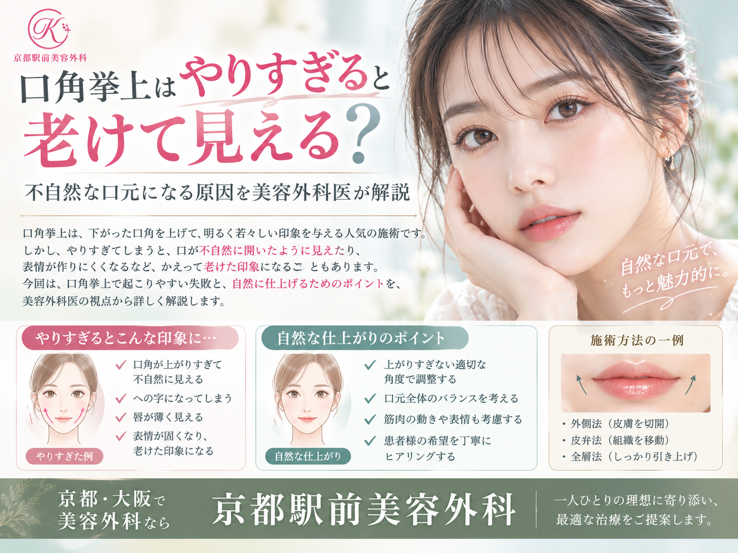 口角挙上はやりすぎると老けて見える?不自然な口元になる原因を美容外科医が解説|京都・大阪の京都駅前美容外科。京都駅前美容外科の医療コラム。