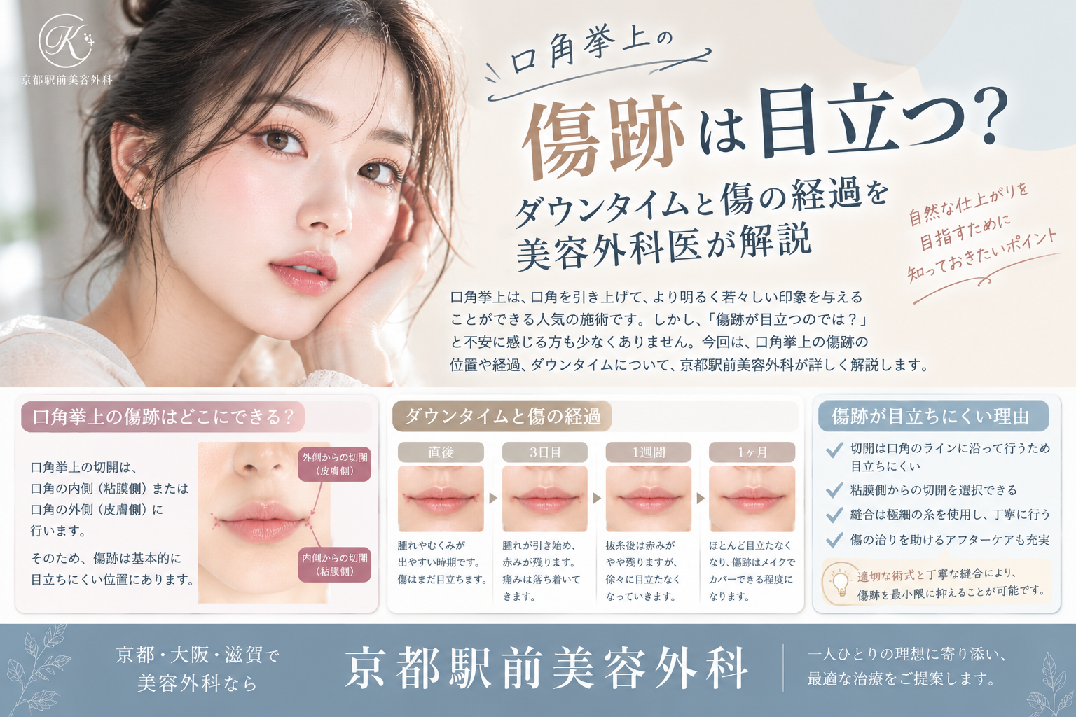 口角挙上の傷跡は目立つ?ダウンタイムと傷の経過を美容外科医が解説|京都・大阪の京都駅前美容外科。京都駅前美容外科の医療コラム